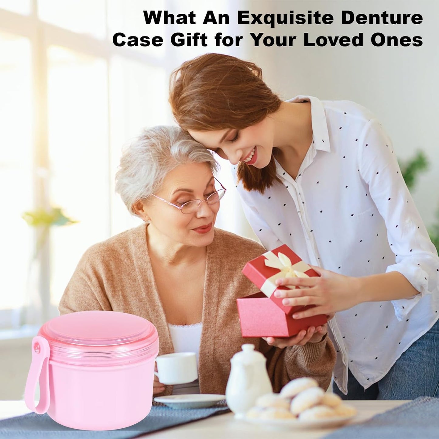 Denture Case, Leak Proof Denture Bath Cup for Travel, Denture Container Cups for Soaking Full & Partial Dentures, Retainers, Denture Cleaning Kit Holder Box with Denture Cleaner Brush-Pink
