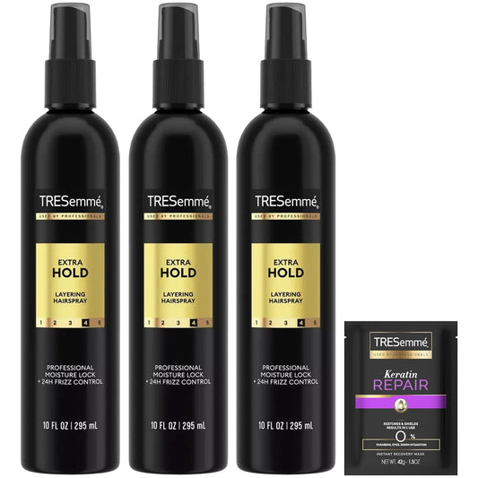 Hairspray, Non-Aerosol, Extra Hold, 3-Pack + Keratin Repair Hair Mask – Moisturizing Hair Spray, Anti-Humidity, Anti-Frizz Hair Products (4 Piece Set)